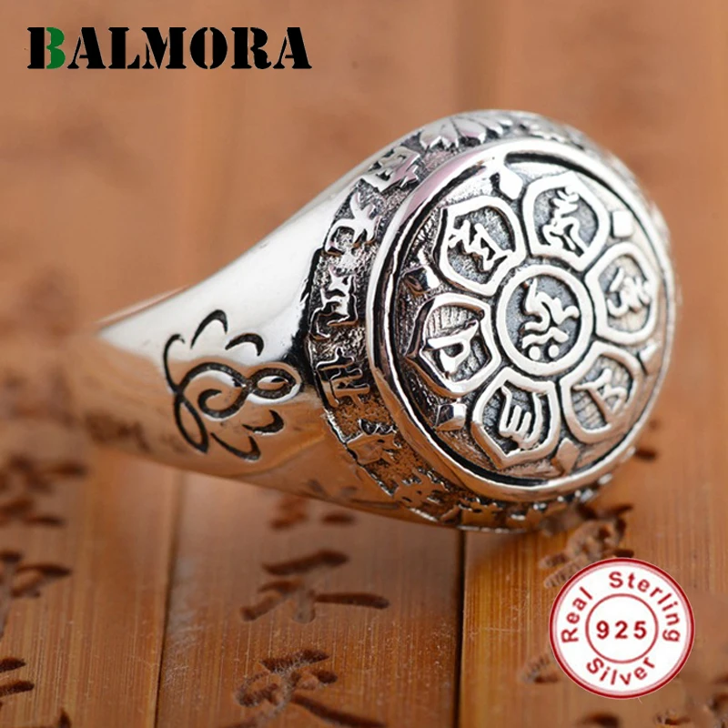 BALMORA Vintage 100 Real 925 Sterling Silver Jewelry Buddhistic Six Words Mantra Rings For Women Men