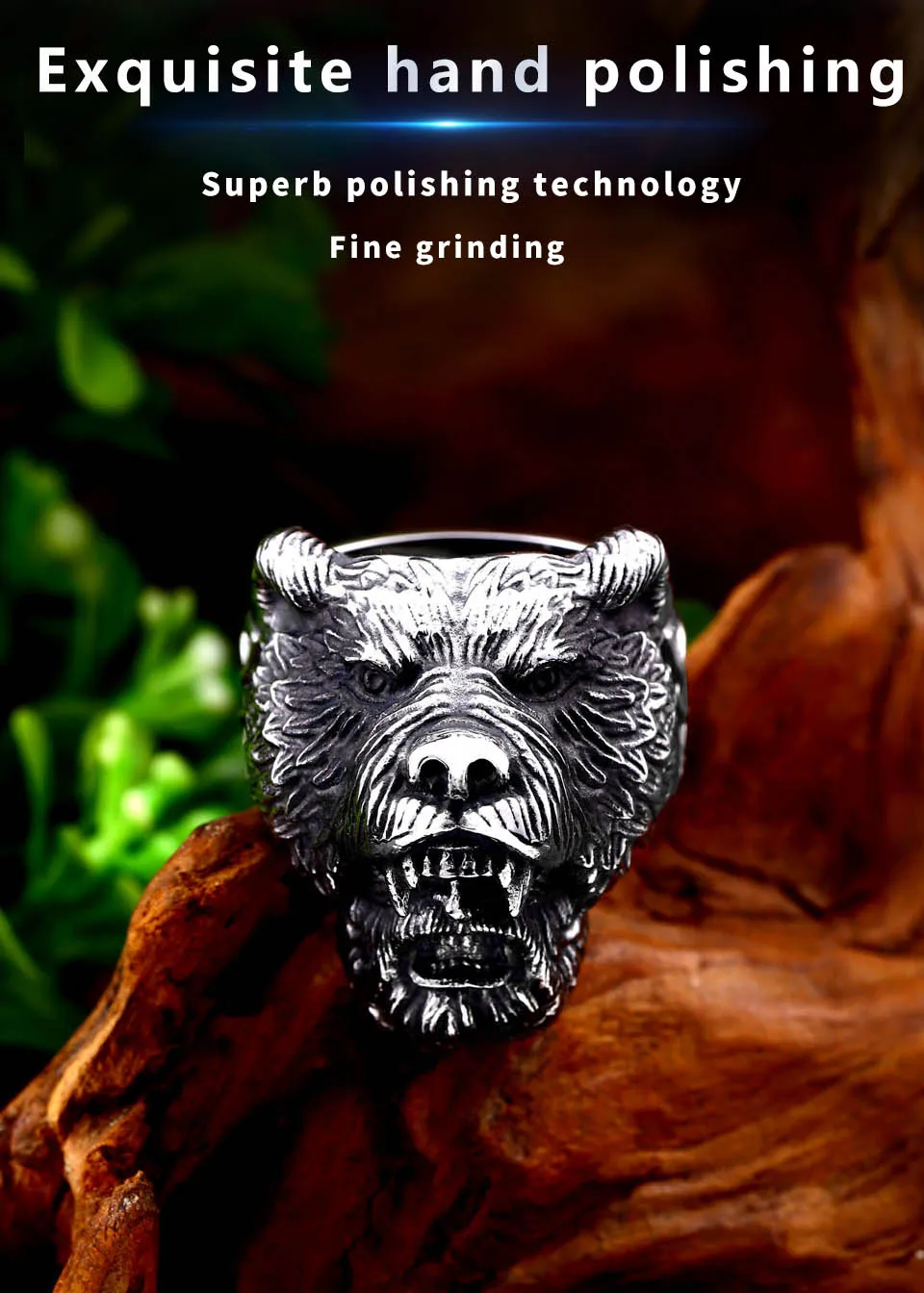 Men's stainless steel bear skull rings.