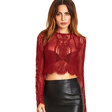 Sexy Hollow Out Lace Short T-Shirt Women Solid Embroidered Long Sleeve Summer Mini Tops Wild Nightclub Women Tops Sexy Hollow Out Lace Short T-Shirt Women Solid Embroidered Long Sleeve Summer Mini Tops Wild Nightclub Women Tops