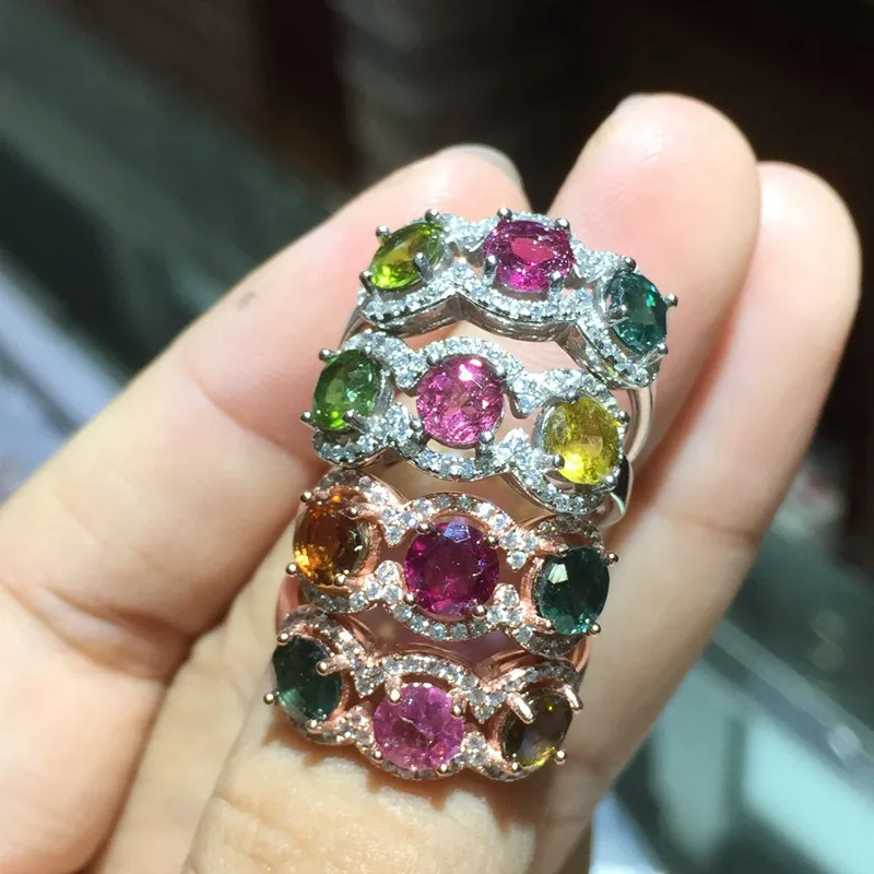 

ZT Hyperbol Natural Tourmaline Rings 925 Sterling Silver Live Round 5 Main Stone Candy Colored Tourmaline Ring For Women Gift