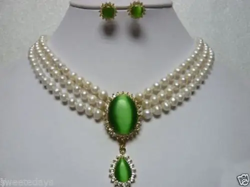 

Charming 3 row white pearl green opal pendant necklace earring set^^^@^18K GP style Fine jewe Noble Natural jade