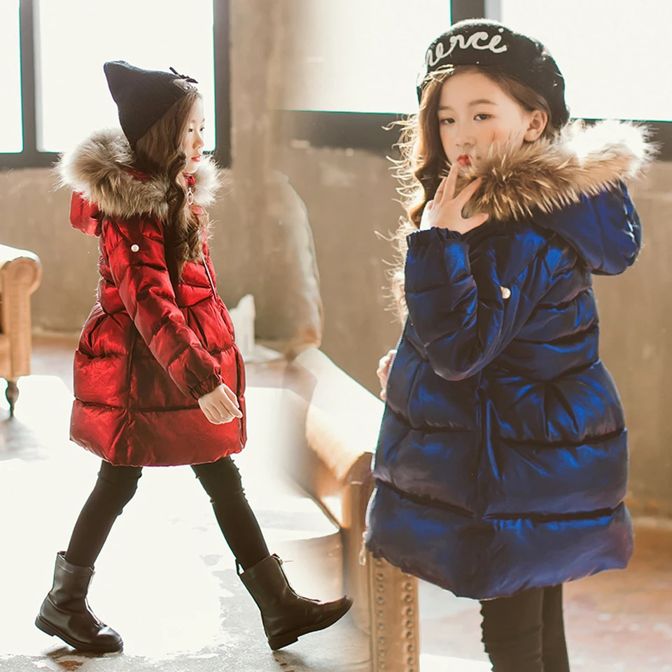 Новинка года; модная детская зимняя куртка зимнее пальто для девочек детское теплое длинное пуховое пальто с меховым воротником и капюшоном От 4 до 12 лет