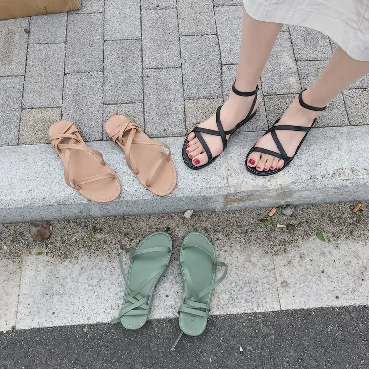 Beige Heeled Sandals Flat Summer Shoes Woman Strappy Heels All-Match Slippers Cross Crocs-shoes 2019 Women's Black Flower Lace
