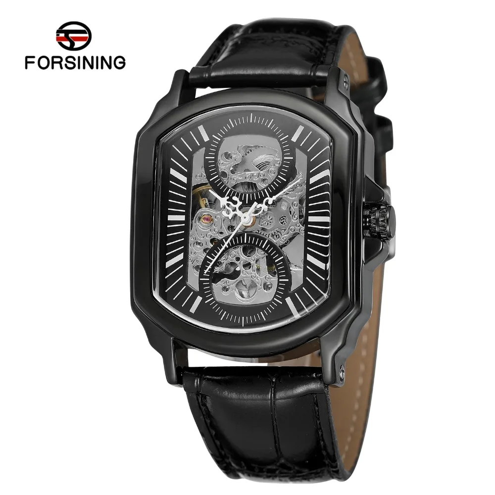 

Forsining Casual Watches Leather Band Fashion Hands Square Case Design Men's Automatic Mechanical Watch + Box