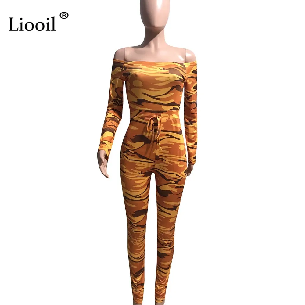 Liooil Camouflage Bodycon Sexy Sheer Jumpsuits For Women Club One Piece Outfits Off Shoulder Party Rompers Womens Jumpsuit - Color: Orange