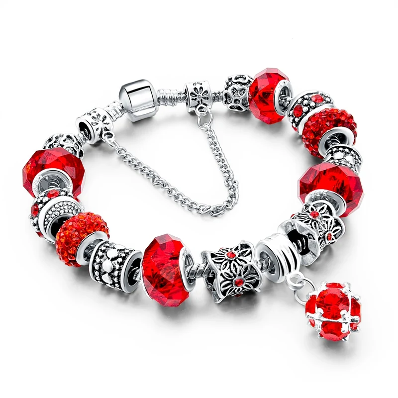 LongWay Европейский стиль аутентичный тибетский серебряный синий кристалл браслет для женщин DIY бусины ювелирные изделия Рождественский подарок - Окраска металла: 278 red