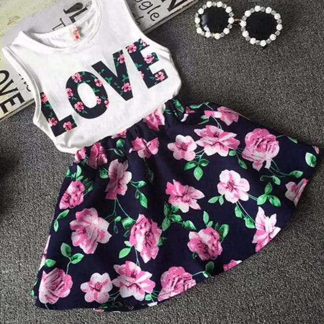 

Telotuny Girls Love Letters Printed Sleeveless Vest Floral Skirt Set Clothes Ropa de mujer Drop ship JU 14