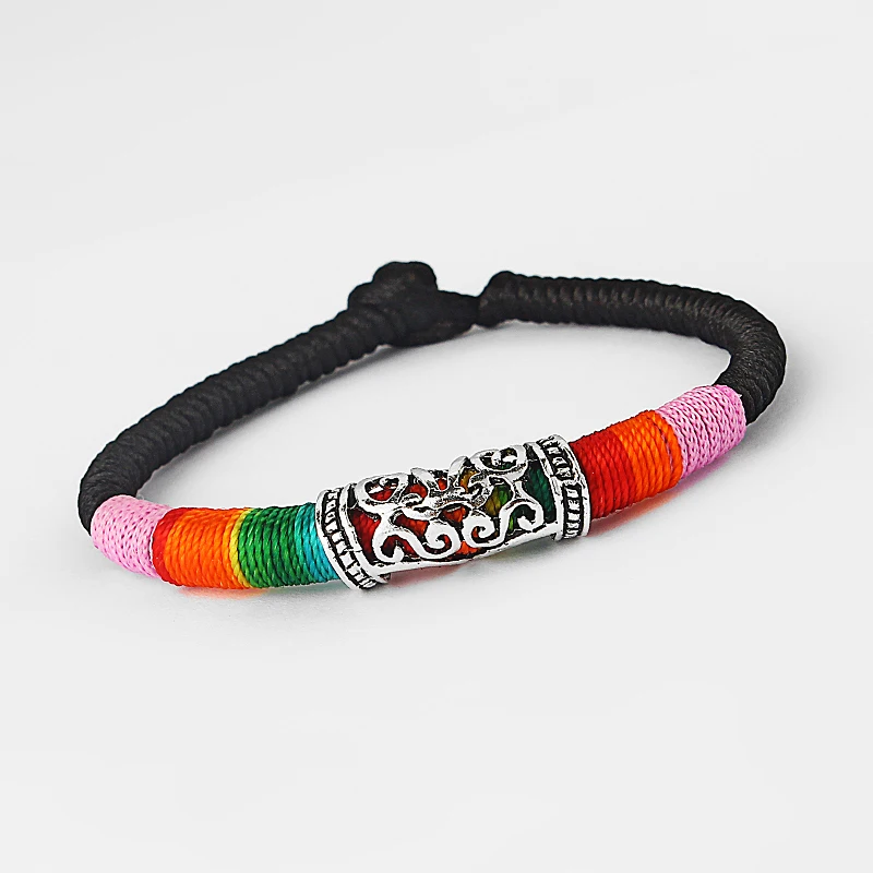 Ethnic Rainbow Colour String Bracelets Cotton Cord With Zinc Alloy