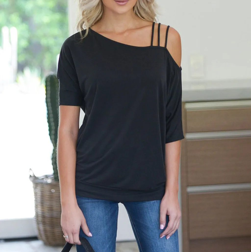 

2019 Summer Women T Shirt Solid Asymmetrical Neckline Ladies Tee Shirt Sexy Cold Shoulder Strap Half Sleeve T-shirt Tops