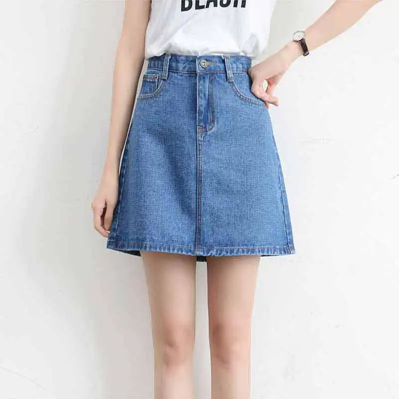 Medium blue Новое поступление Женская однотонная джинсовая мини синяя юбка с высокой талией и карманами а-силуэта женская модная повседневная белая юбка B93312X - Цвет: Medium blue