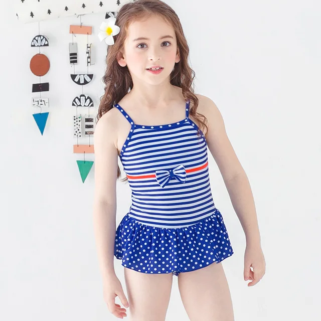 Girls Swim Dress One Piece Swimsuit Swimming Pool Clothes Striped Bow ...