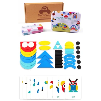 

Educational Wooden Toys Pattern Animals Jigsaw Puzzle For Kids 36 Wooden Shaped Pieces + 60 Pattern Cards In Iron Box
