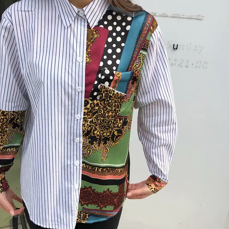  new women fashion long sleeve totem printing patchwork striped blouse shirts women retro blusas bus