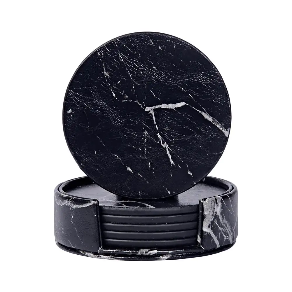 

6pcs/set Marble Leather Round Drink Coasters Placemat Cup Mat Pad With Holder Set Kitchen Tableware Anti Slip Drink Coasters
