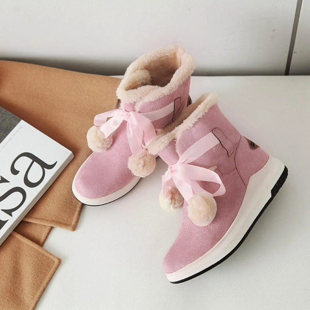

Women Snow Boots Woman Winter Shoes Size 34-43 Warm Plush Lining Faux Fur Ball Lace Up High Quality 2018 New Fashion SB214