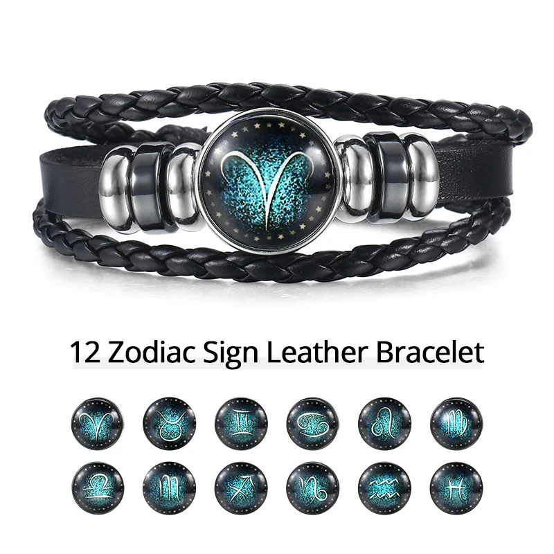 12 Horoscope Leather Bracelet For Men Stainless Steel Beaded Aries