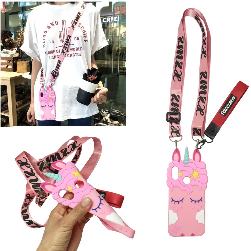 

For xiaomi redmi note 5 pro case cover cute 3d cartoon pink unicorn shoulder strap soft silicon phone bag cases for redmi note 5