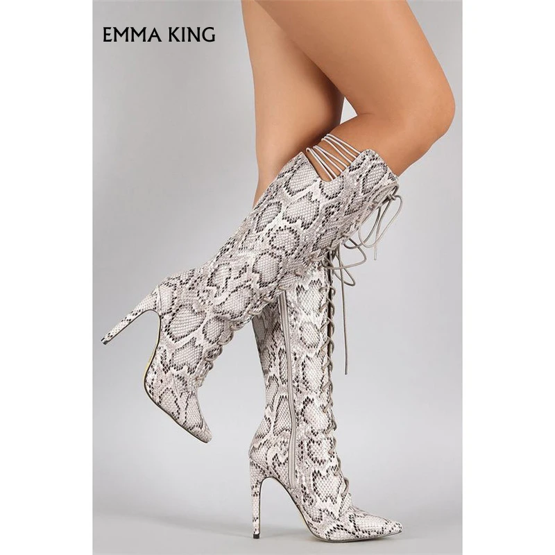 

EMMA KING New Botines Mujer Snake Printed Knee High Boots Women Sexy Python Pointed Toe Cross-tied Party Shoes Woman Plus Size