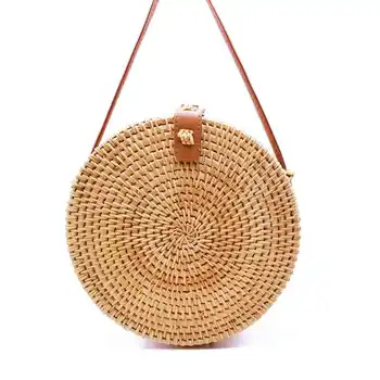 

BEAU-Bohemian Bali Rattan Bags For Women Small Circle Beach Handbags Summer Vintage Straw Bag Handmade Messenger Bag(18x8Cm)