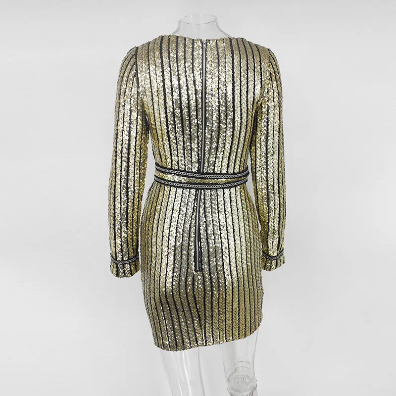 Winter New Sexy Sequined Long-Sleeved Mini Dress Women Round Neck Stripes Slim Dress Ladies Party Club Vintage Dresses6