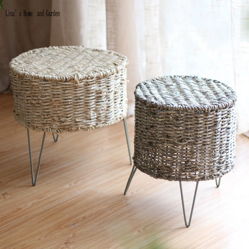 

nature finish round handmade metal base straw stool