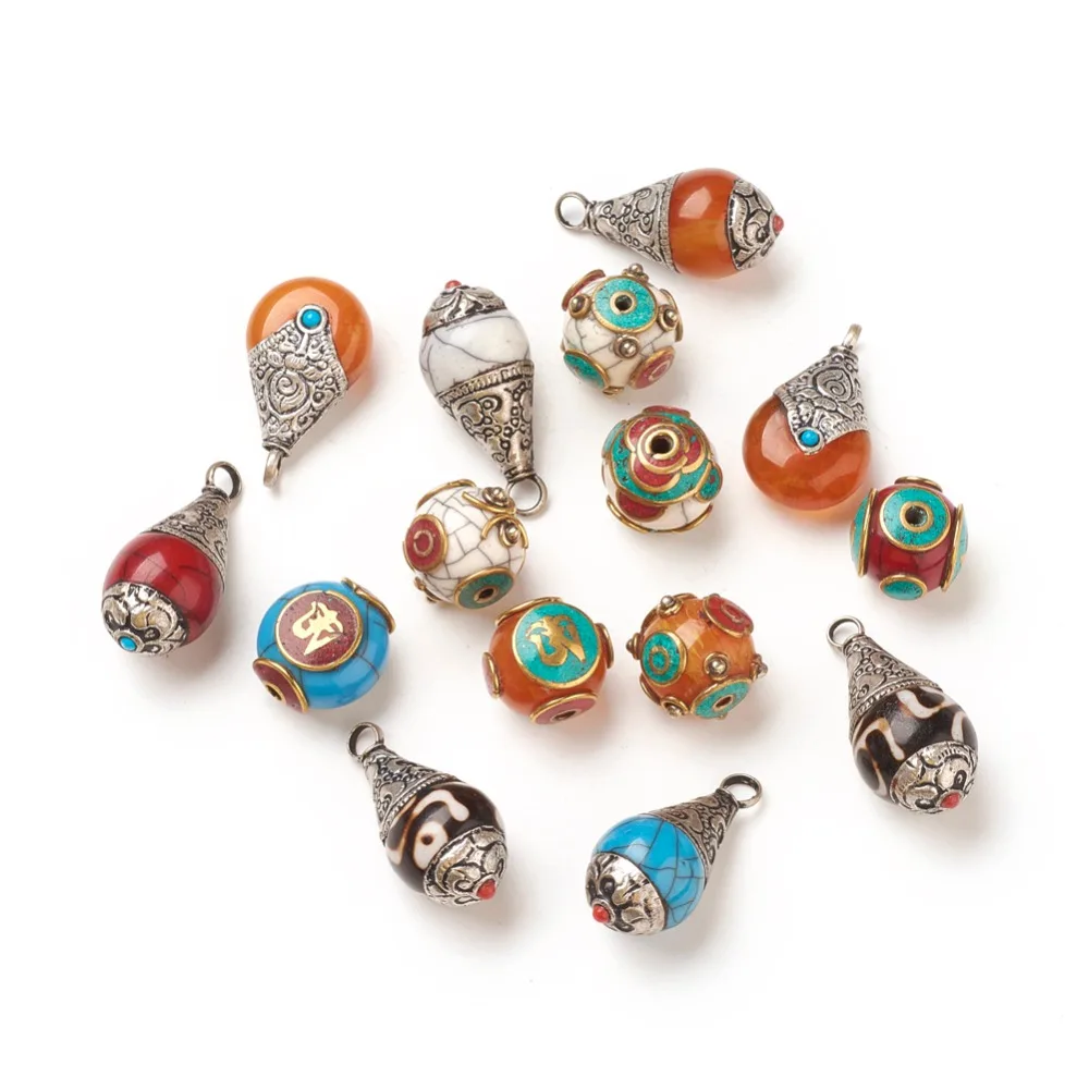 

Tibetan Hang Pendants Beads Mixed Style with Synthetic Turkey Stone+Synthetic Coral+Imitation Beeswax+Brass Sculpture Findings