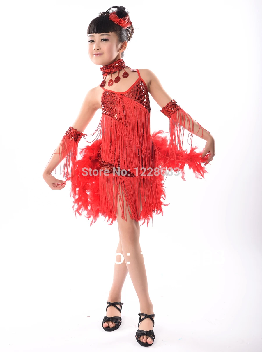 New Children Kids Sequin Feather Fringe Stage Performance Competition Ballroom Dance Costume Latin Dance Dress For Girls