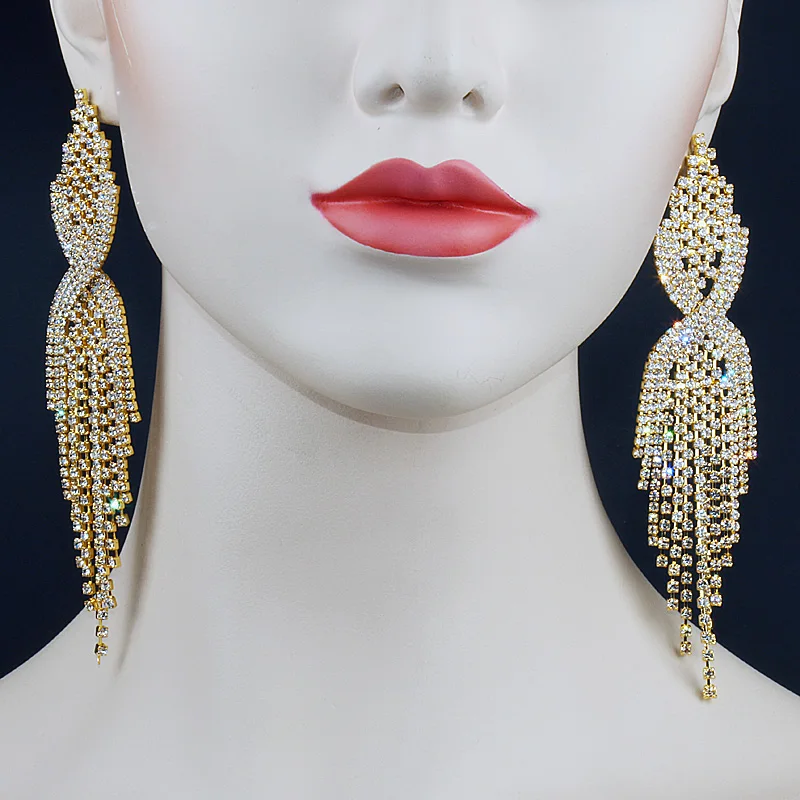 CHRAN Classic Silver Plated Rhinestone Chandelier Dangle Long Tassel Drop Earrings for Women Exaggerated Bridal Jewelry Accessor