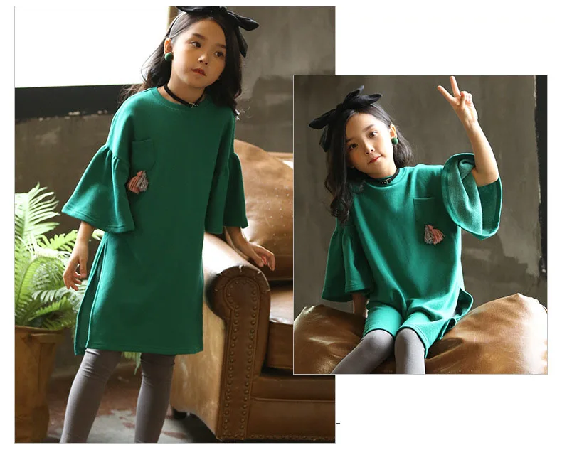 teenage girls long sleeve dresses with pockets autumn spring 2018 brown green long sweatshirts hoodies dress baby girl clothes (12)