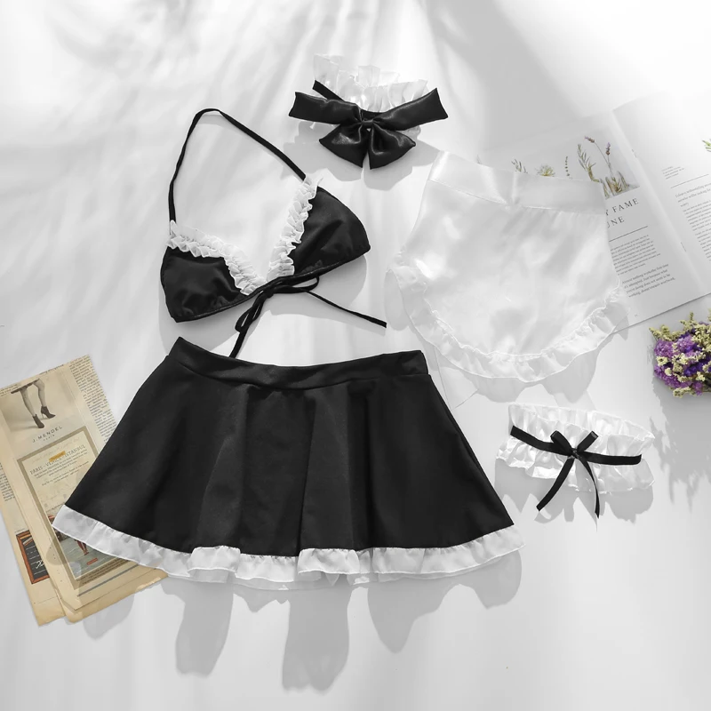 

Women Lolita Anime Cosplay Bikini Maid Uniform Seductive Lingerie Maid Dress Cute Black and White Lotus Leaf Sexy Beautiful Back