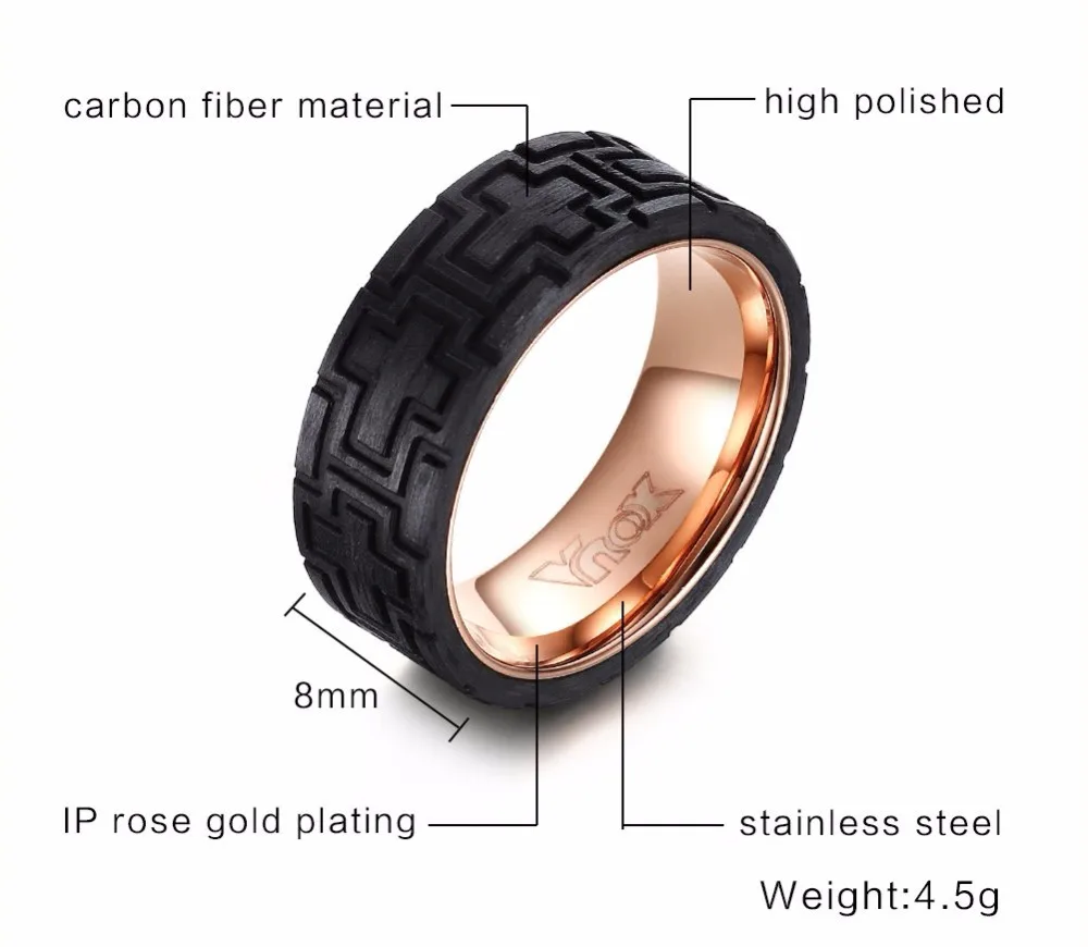 Vnox Черный углеродного волокна шин Кольца для мужчин Для мужчин Нержавеющая сталь Розовое золото-цвет внутри