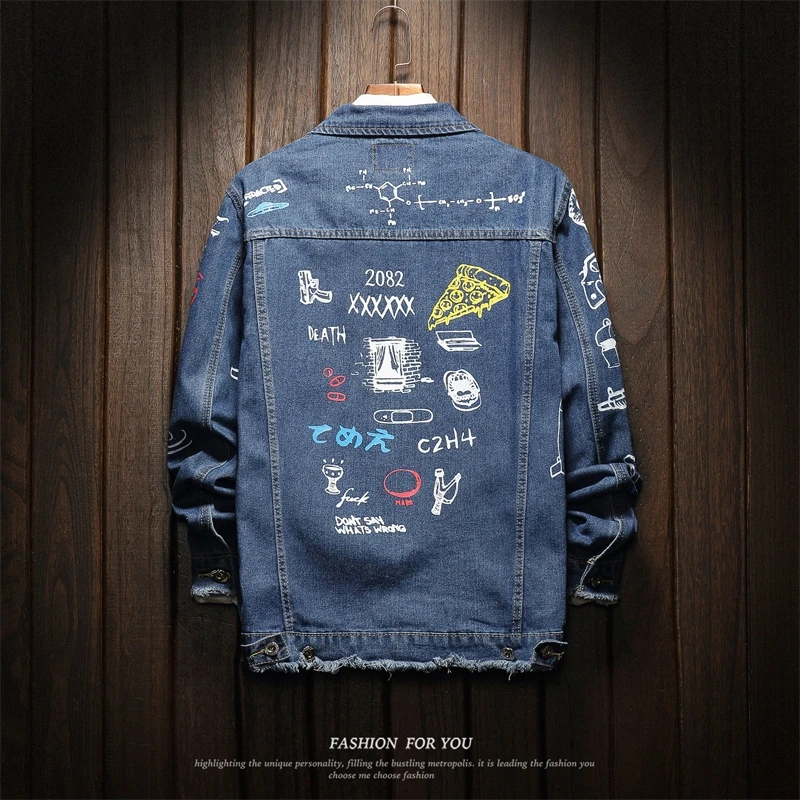 Hip Hop Fashion Printed Jeans Jacket Men Cotton Casual Streetwear Autumn New Denim Jacket Men Plus Size M-5XL
