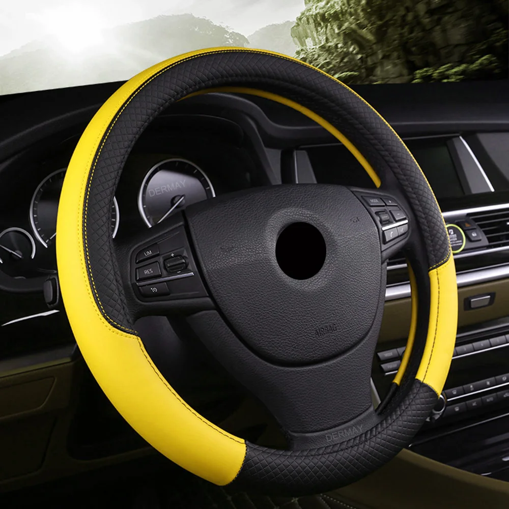 DERMAY Premium Hand-Stitched Leather Steering Wheel Cover