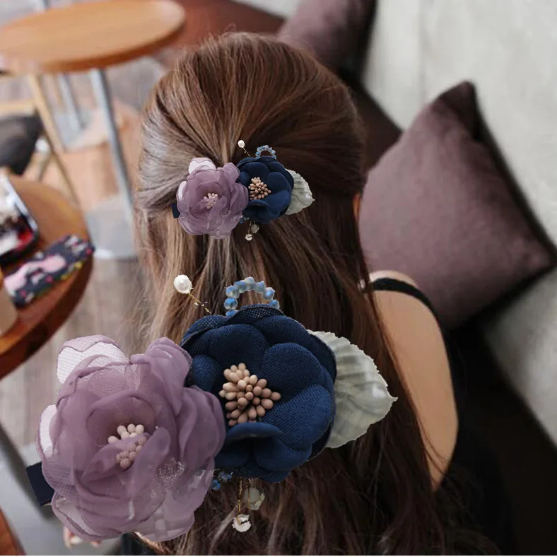 

Elegant Chiffon Flower Leaf Hairpin Original Crystal Rhinestone Ponytail Holder Side Clip Clips for Girls Women Hair Accessories