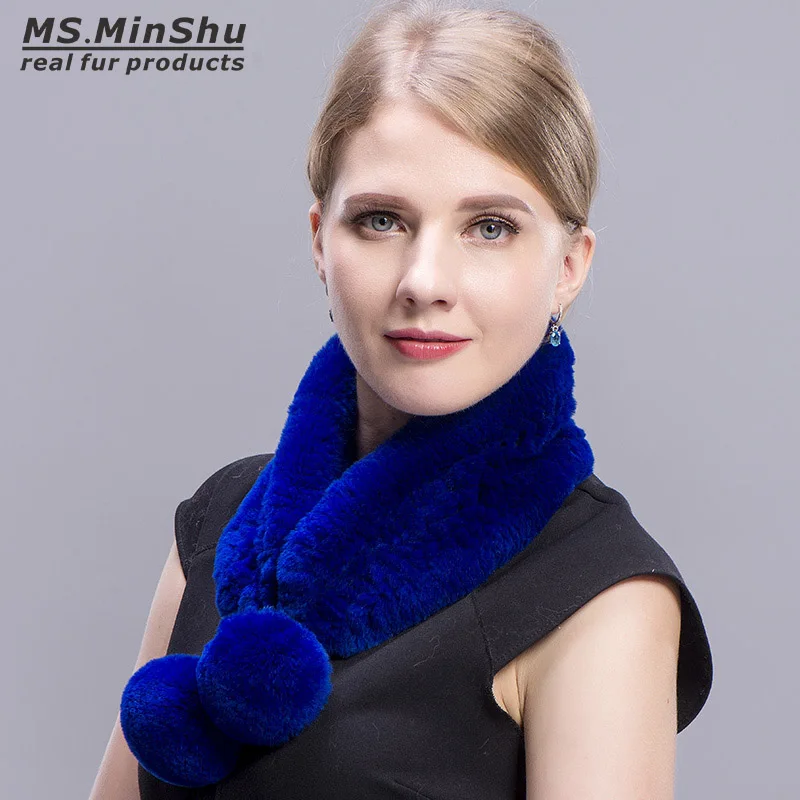 Ms.minshu Knit Rex Rabbit Fur Scarf Woven Real Fur Collar Scarf Fashion