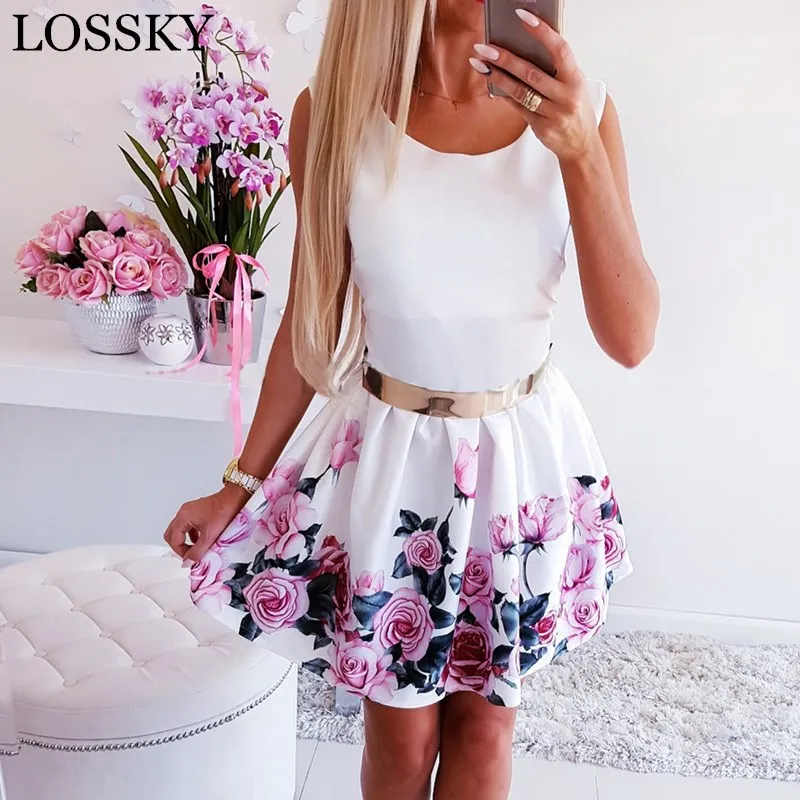

Rose Floral Print Tunic Mini White Dress Sexy O Neck Sleeveless Women Summer Beach Vintage Dresses Casual Patchwork Dress Robe
