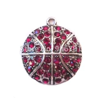 

100pcs a lot antique silver studded with sparkling crystal Basketball Dark Red crystal sports Pendant