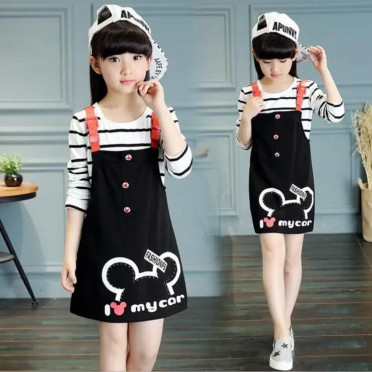 Girls Braces Spring Dress Sets Full Sleeved Striped Tops & Beading