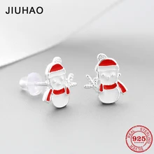Аутентичные 925 пробы серебро сделать Снеговик серьги гвоздики Эмаль серьги для женщин вечерние