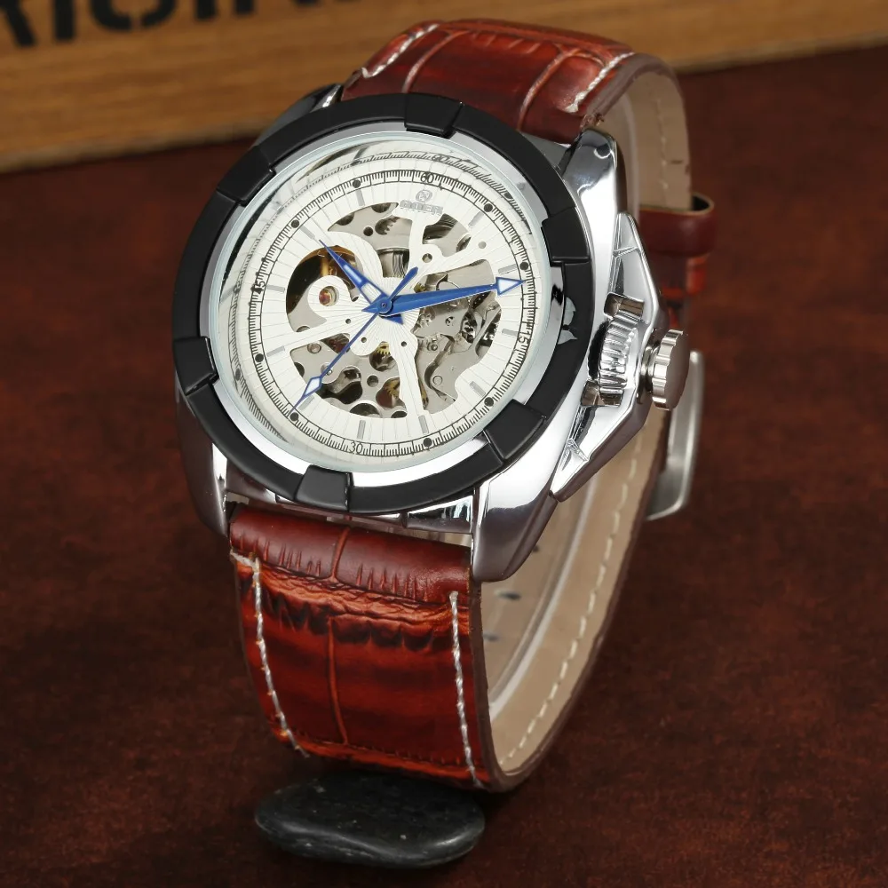 GEOR brand leather machinery male Wrist watch Men s Automatic Watch fashion Skeleton waterproof Luminous