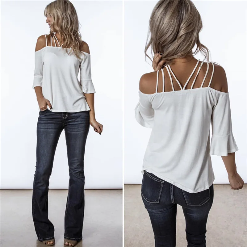 

White Sexy Off Shoulder Flare Sleeve T-Shirt Ladies Casual Hollow Out Backless tee shirt Women Summer 2019 Solid Beach Tees Top
