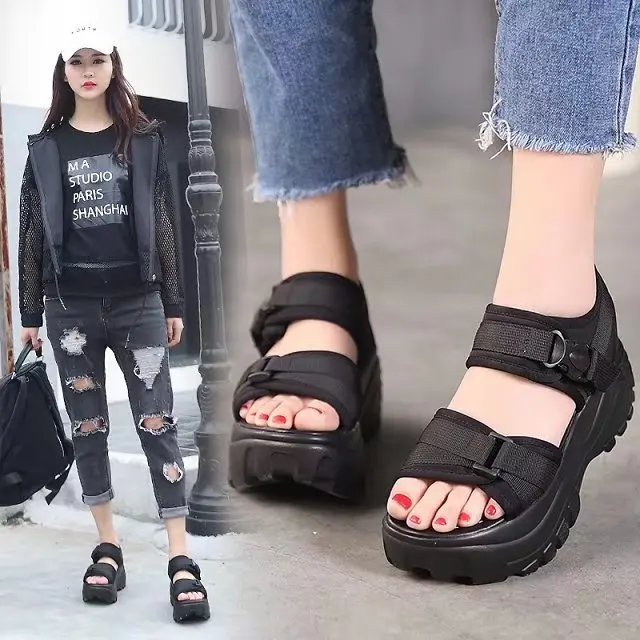 

2019 New Platform Sandals Women Wedge High Heels Shoes Women Buckle Leather Canvas Summer Zapatos Mujer Slippers Woman Sandal