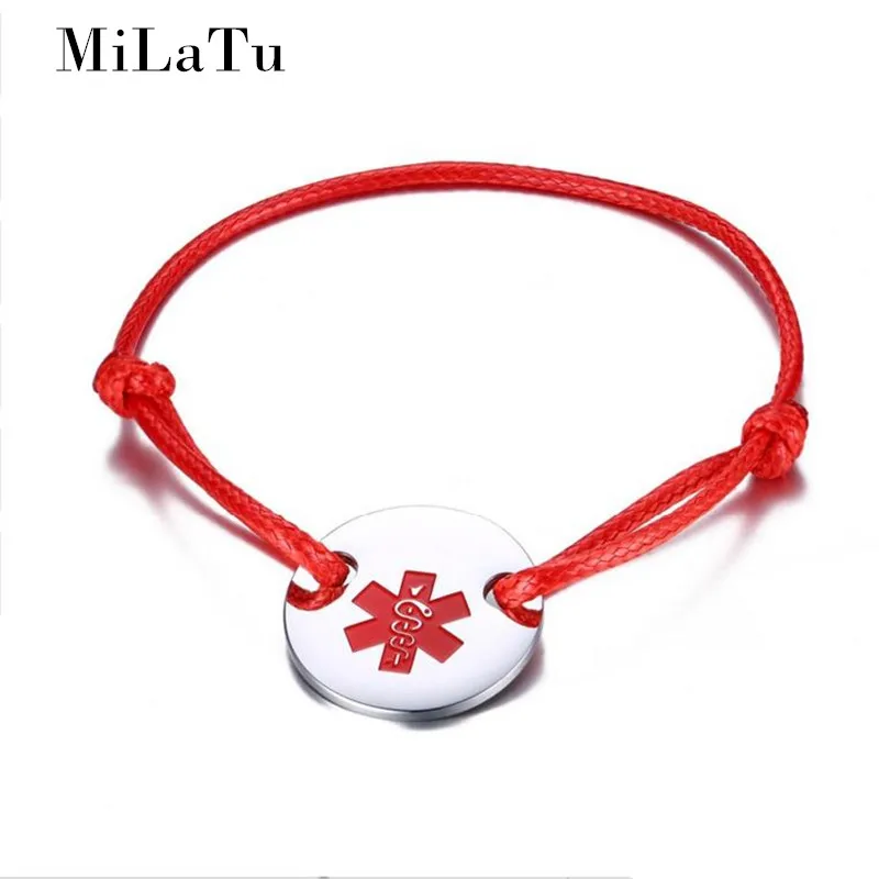 

Star of life Medical Sign ID Bracelet For Women Men Stainless Steel Round Tag Black And Red Rope Bracelet Adjustable B421