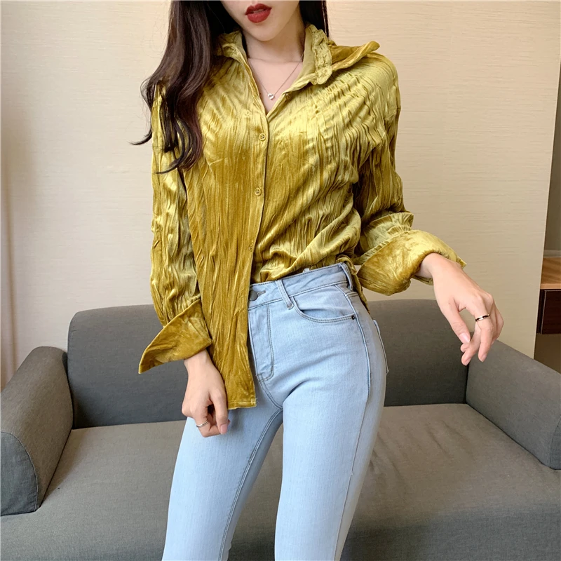 خمر الخامس الرقبة القطيفة واحدة الصدر المرأة بلوزة قمصان فضفاضة الكامل كم Ruched شيك الإناث البلوزات قمم 2019 الربيع الصيف خمر الخامس الرقبة القطيفة واحدة الصدر المرأة بلوزة قمصان فضفاضة الكامل كم Ruched شيك الإناث البلوزات قمم 2019 الربيع الصيف