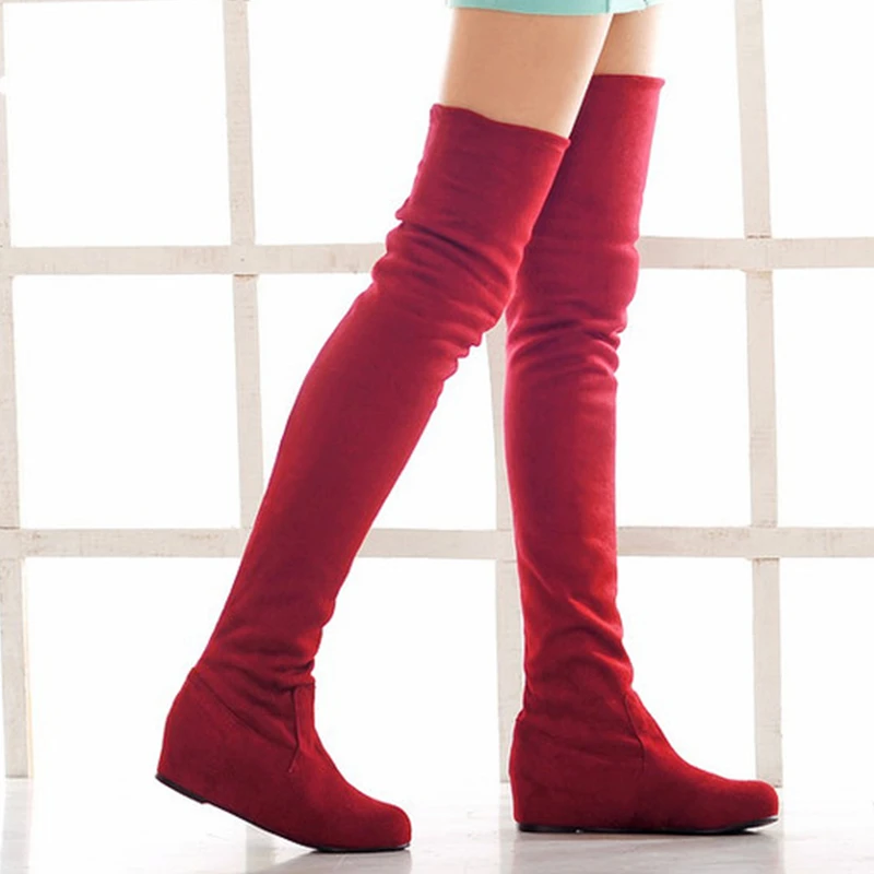 flat red thigh high boots