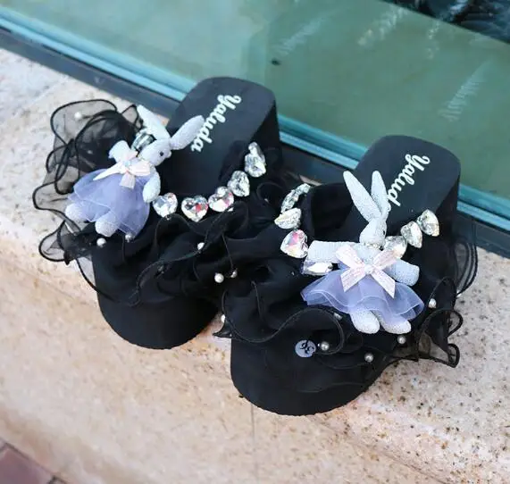 HAHAFLOWER Crystal Rabbit Slippers Sandals Women Shoes Summer flipflop sandals shoes Ladies wedge platform slipper | Обувь