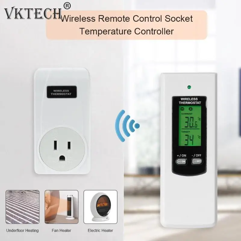 

TS-808 Wireless Thermostat Temperature Controller Socket with Green Backlight Digital Thermostat Remote Control US/UK/EU Plug