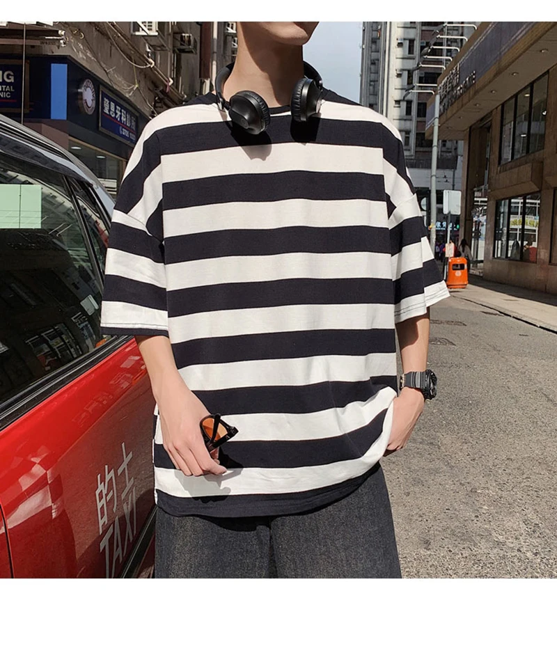 Корейская полосатая футболка большого размера, Мужская Уличная одежда в стиле хип-хоп, повседневные мужские футболки с графическим рисунком, Harajuku Modis, летняя мужская футболка, Топ