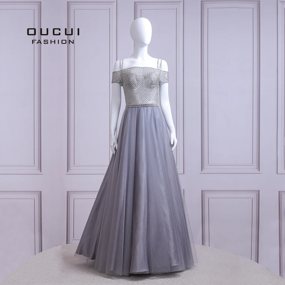 

Off The Shoulder A-line Tulle Sleeveless Ball Gown Sequins Long Beaded Prom Dresses Grey OL103505
