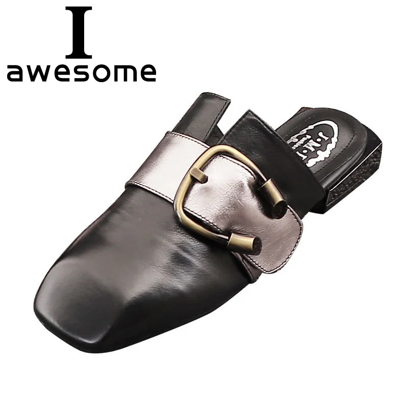 

2018 Spring Summer Mules Fashion Flats Genuine Leather cow leather solid metal decoration Slippers Women's Shoes